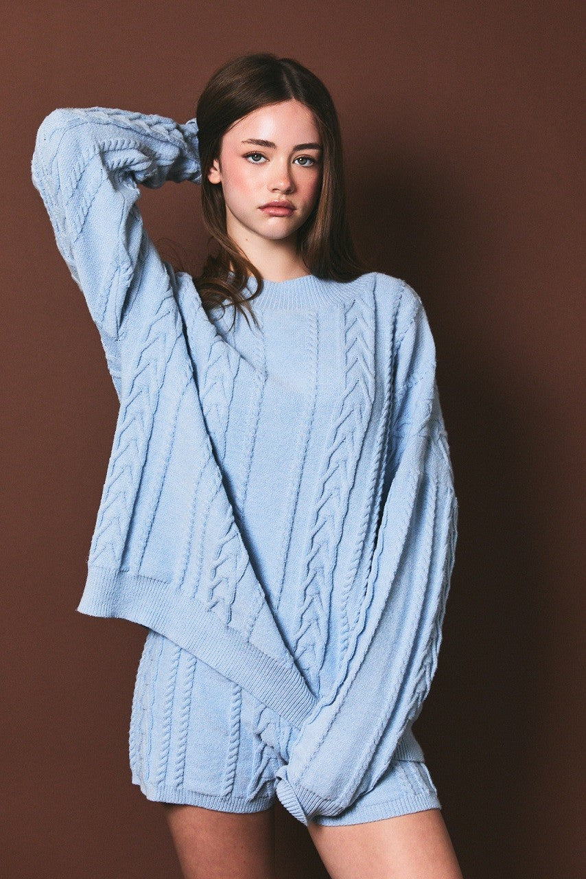Light Blue Oversized Cable Knit Sweater