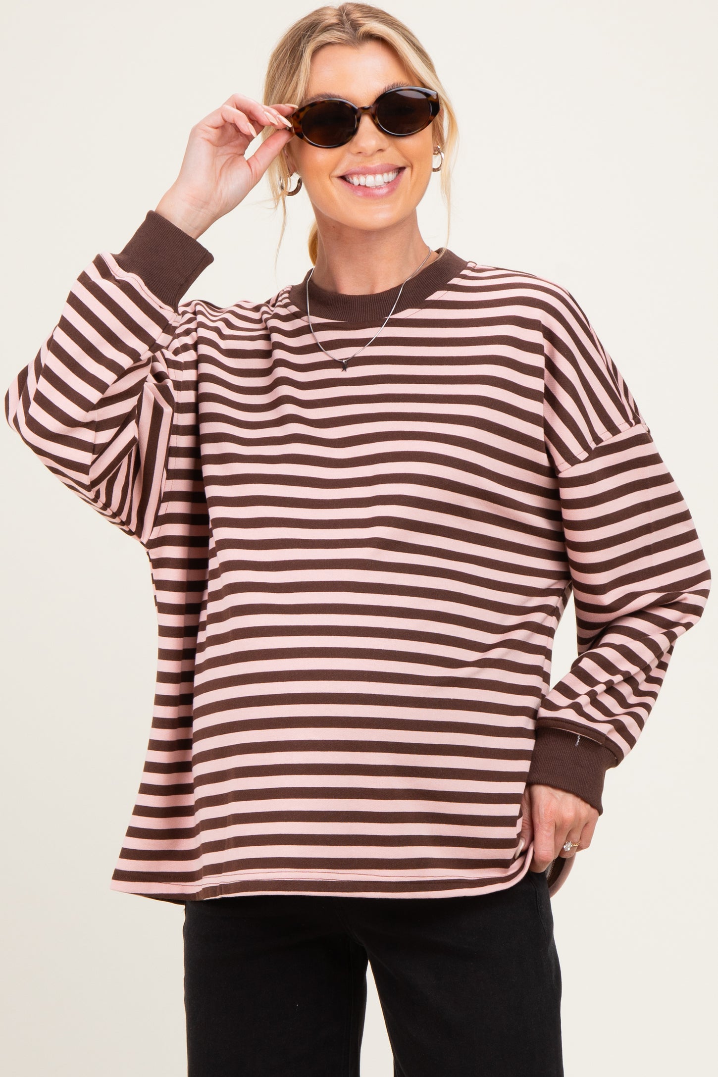Brown Striped Oversized Maternity Pullover