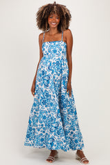 Blue Floral Damask Maternity Maxi Dress