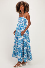 Blue Floral Damask Maternity Maxi Dress