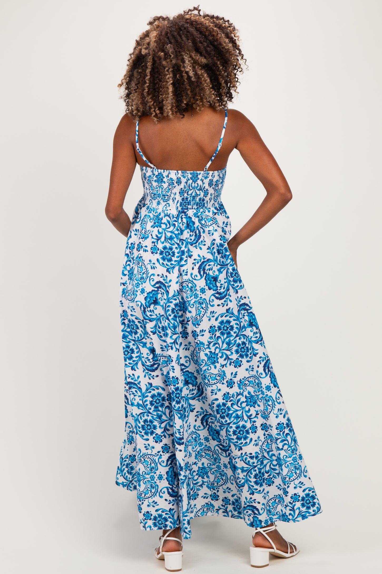 Blue Floral Damask Maternity Maxi Dress
