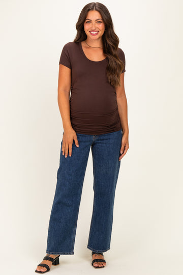 Brown Basic Short Sleeve Maternity Fitted Top