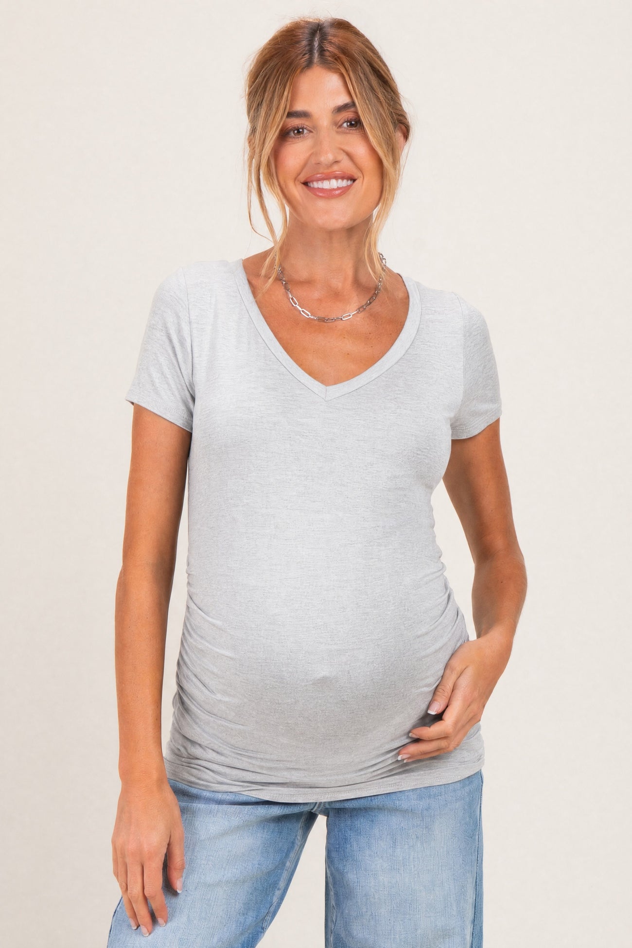 Heather Grey V-Neck Ruched Side Maternity Top