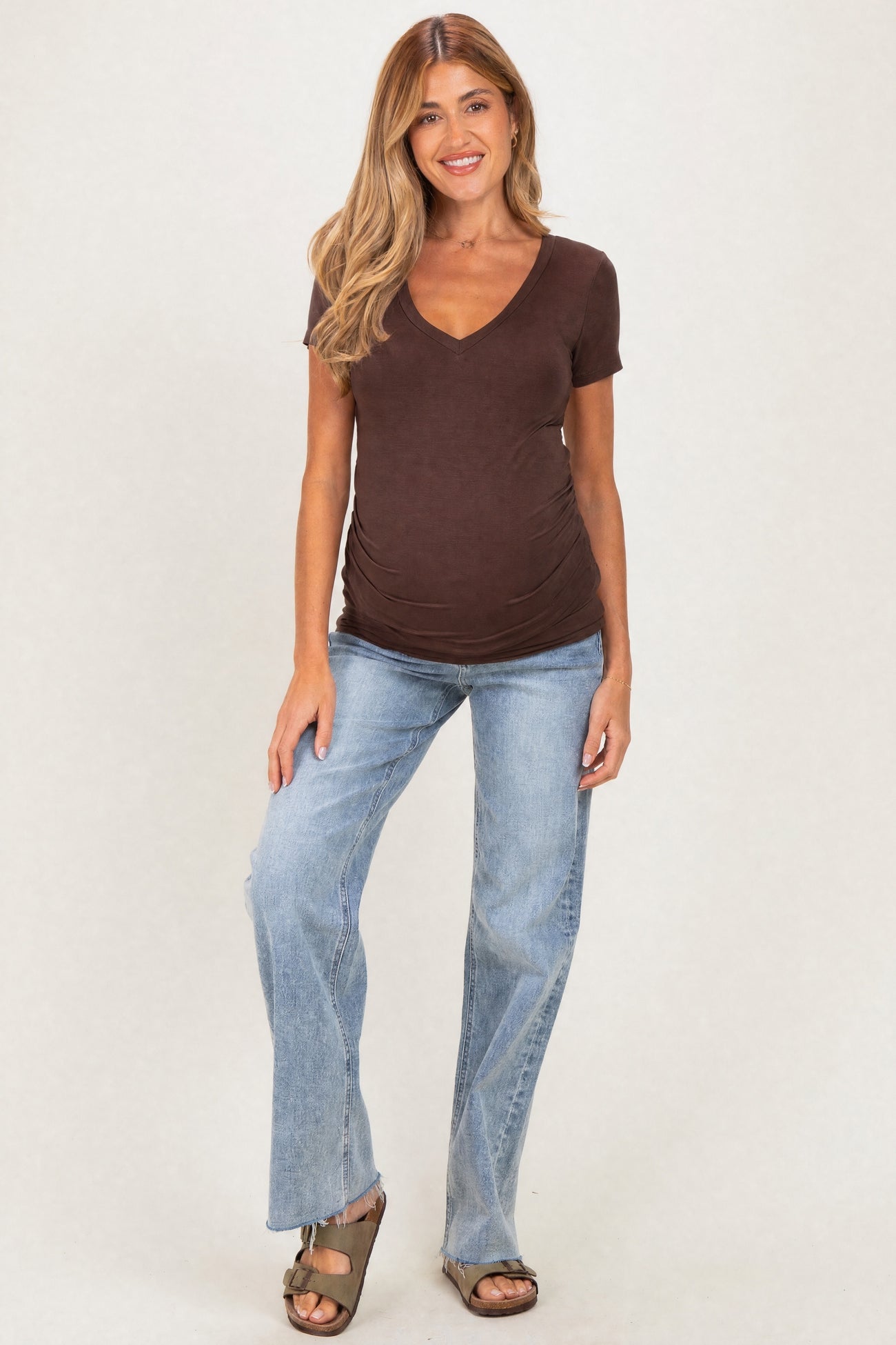 Brown V-Neck Ruched Side Maternity Top