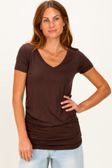 Brown V-Neck Ruched Side Maternity Top