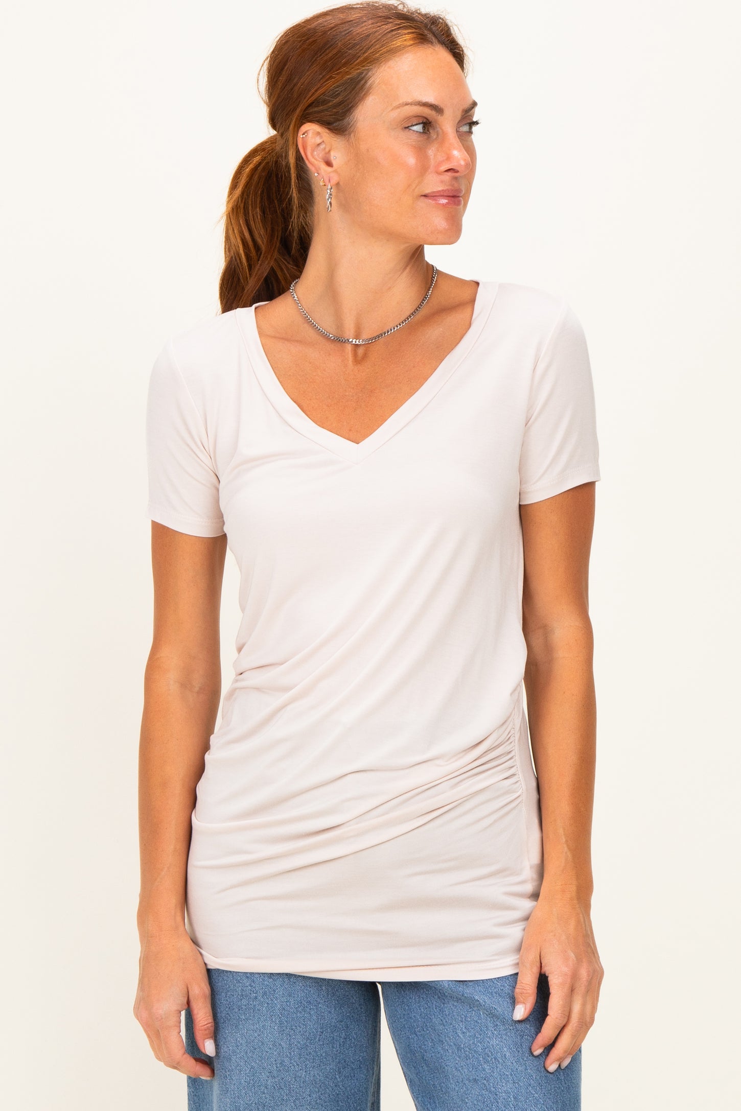 Beige V-Neck Ruched Side Top