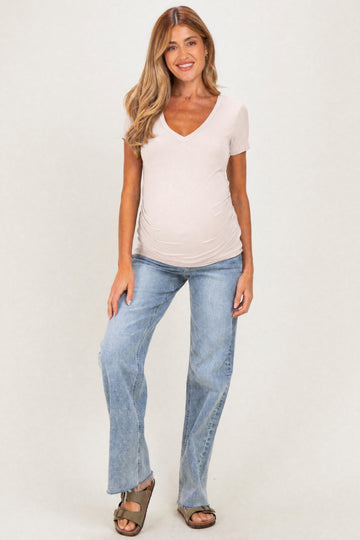 Beige V-Neck Ruched Side Maternity Top