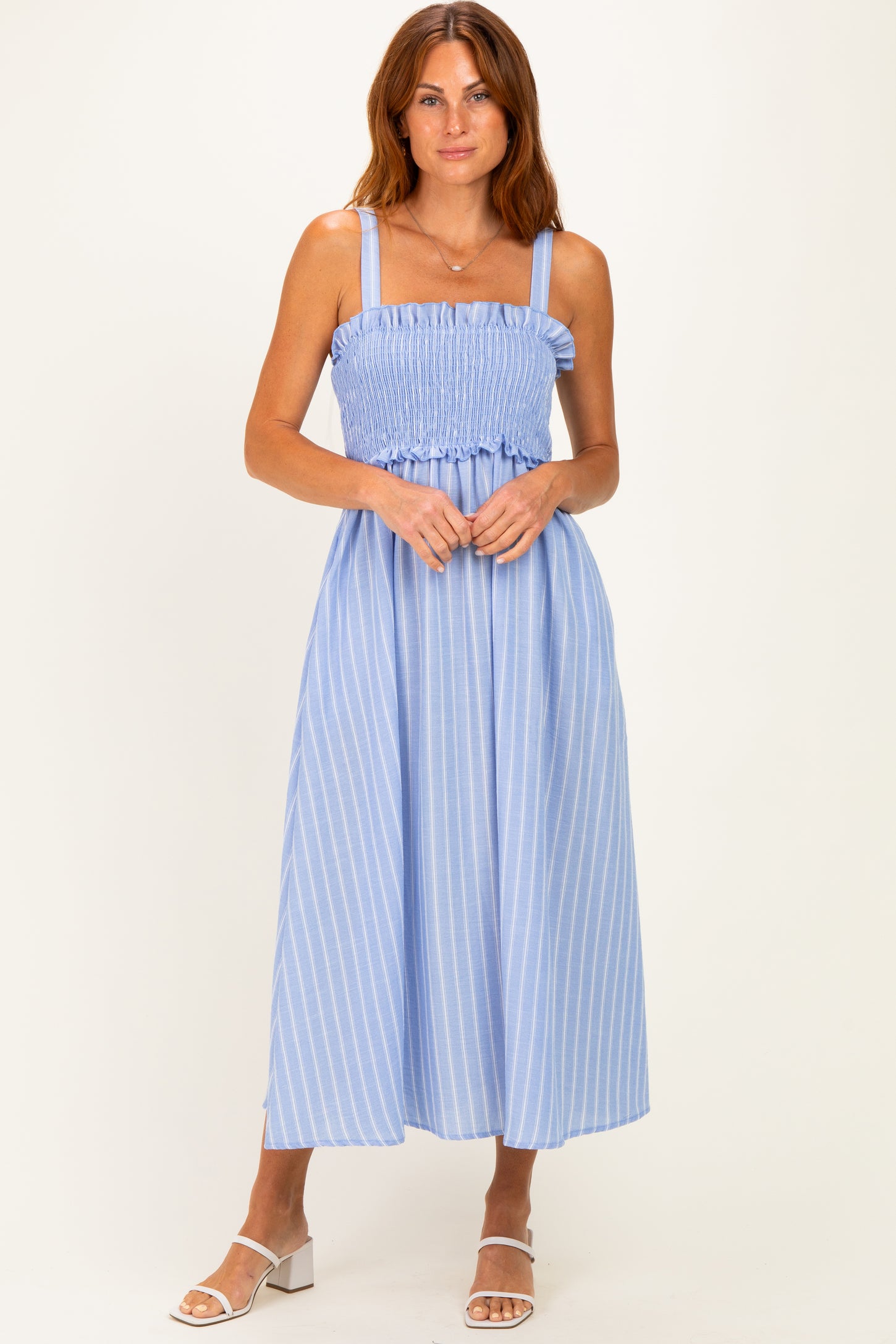Blue Sleeveless Smocked Striped Maxi Dress