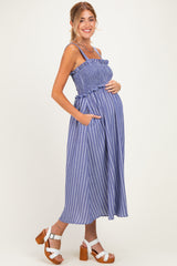 Navy Sleeveless Smocked Striped Maternity Maxi Dress