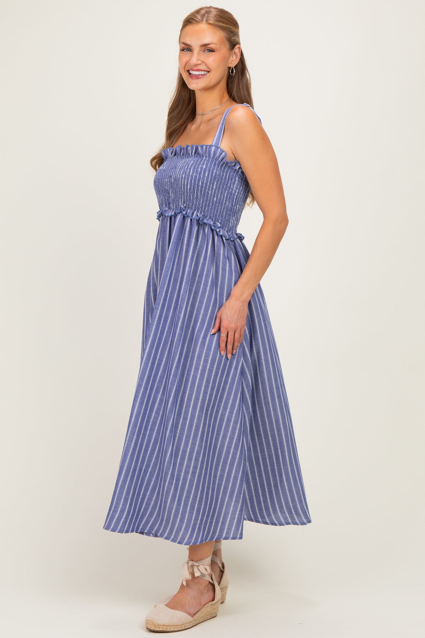 Navy Sleeveless Smocked Striped Maxi Dress