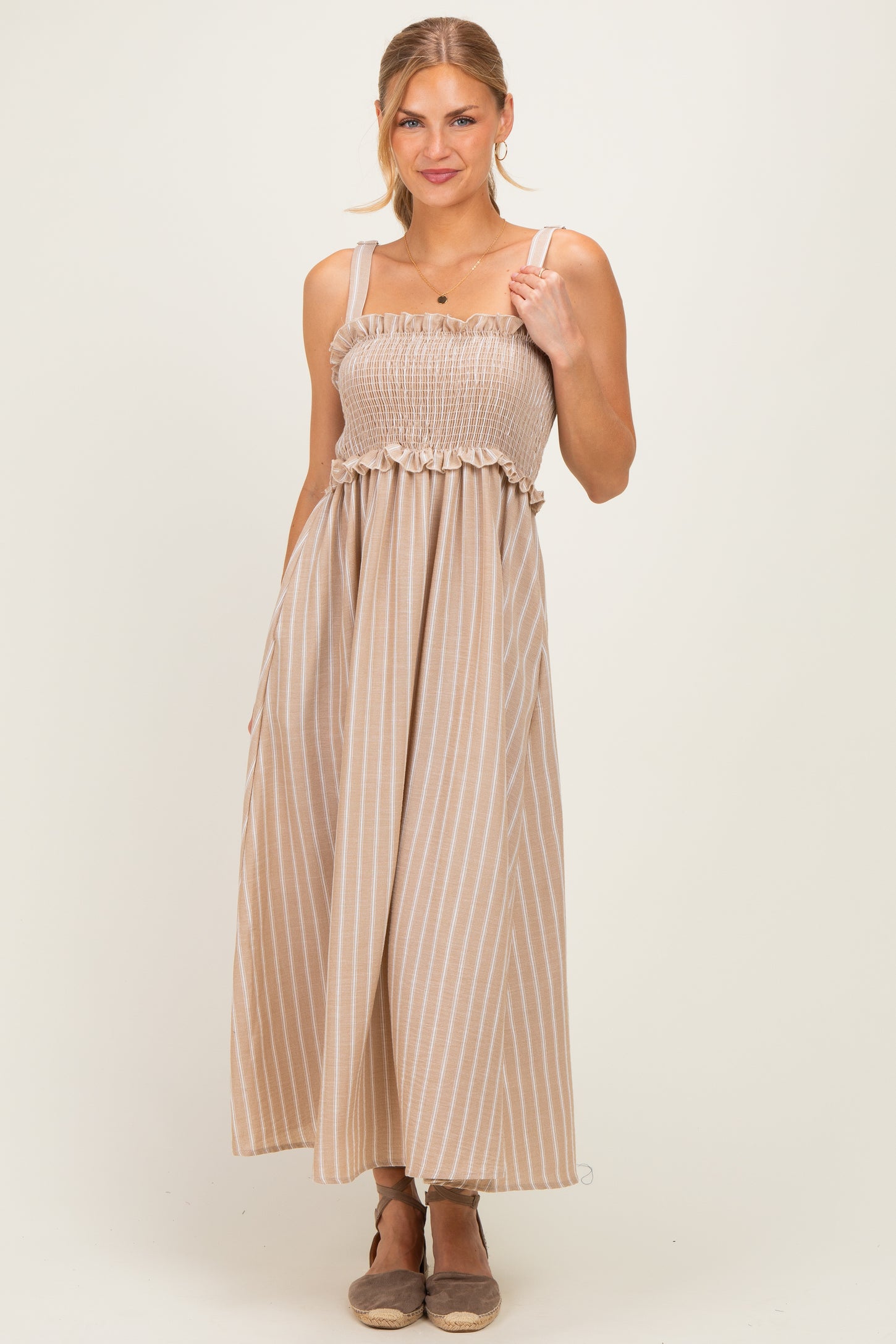 Taupe Sleeveless Smocked Striped Maxi Dress