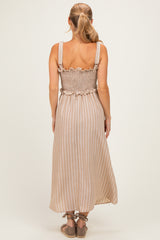 Taupe Sleeveless Smocked Striped Maxi Dress