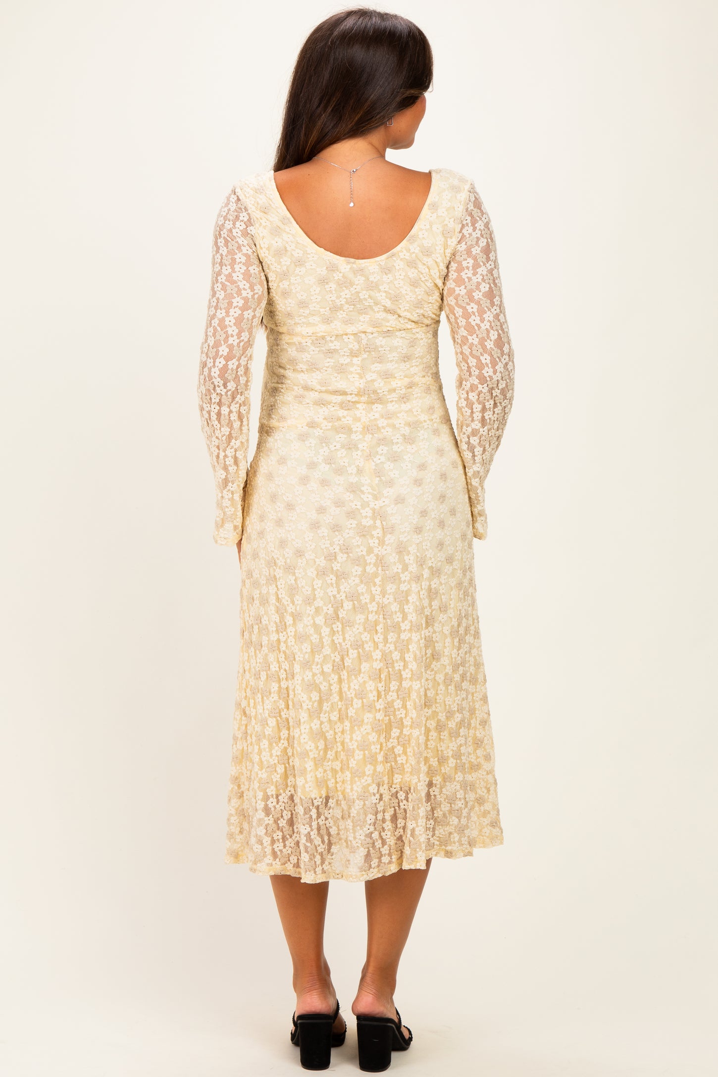 Cream Floral Lace Long Bell Sleeve Maternity Midi Dress