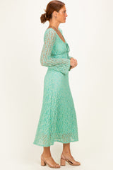Mint Green Floral Lace Long Bell Sleeve Midi Dress