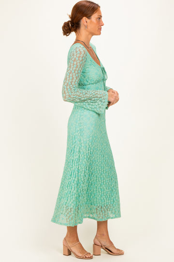 Mint Green Floral Lace Long Bell Sleeve Midi Dress