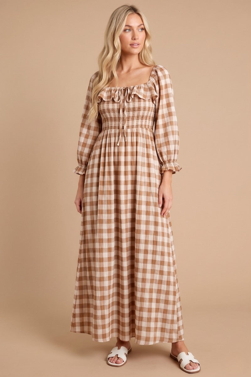 Brown Gingham Ruffle Smocked Maternity Maxi