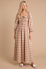 Brown Gingham Ruffle Smocked Maternity Maxi