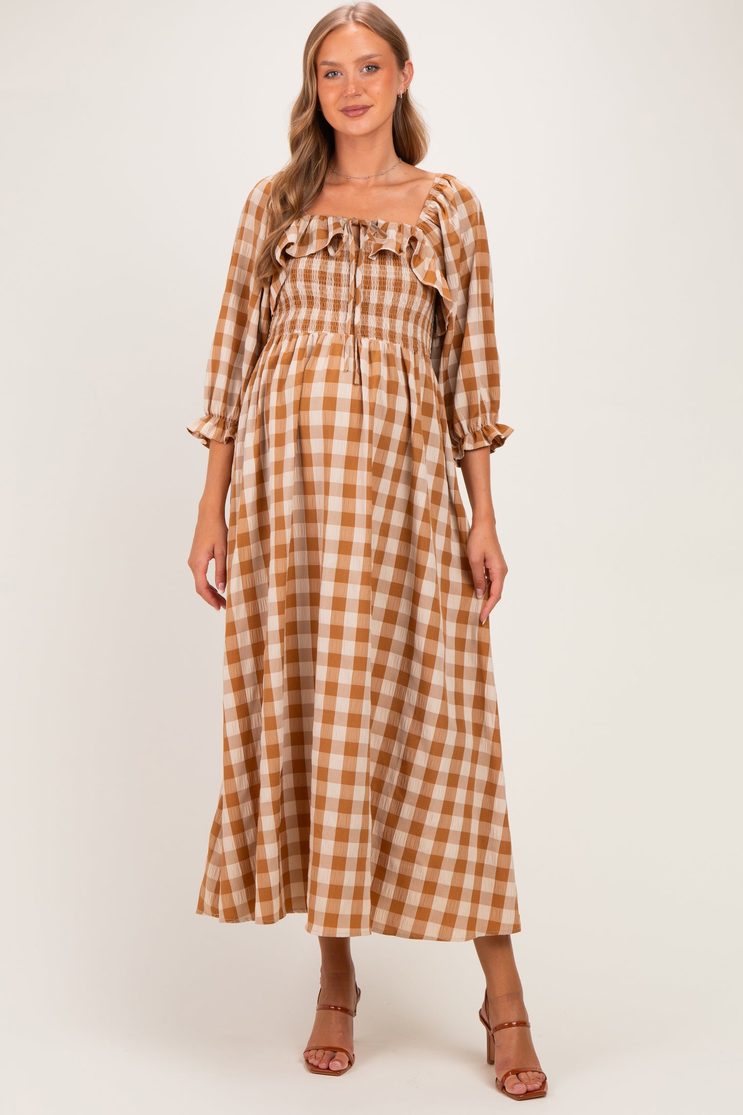 Brown Gingham Ruffle Smocked Maternity Maxi