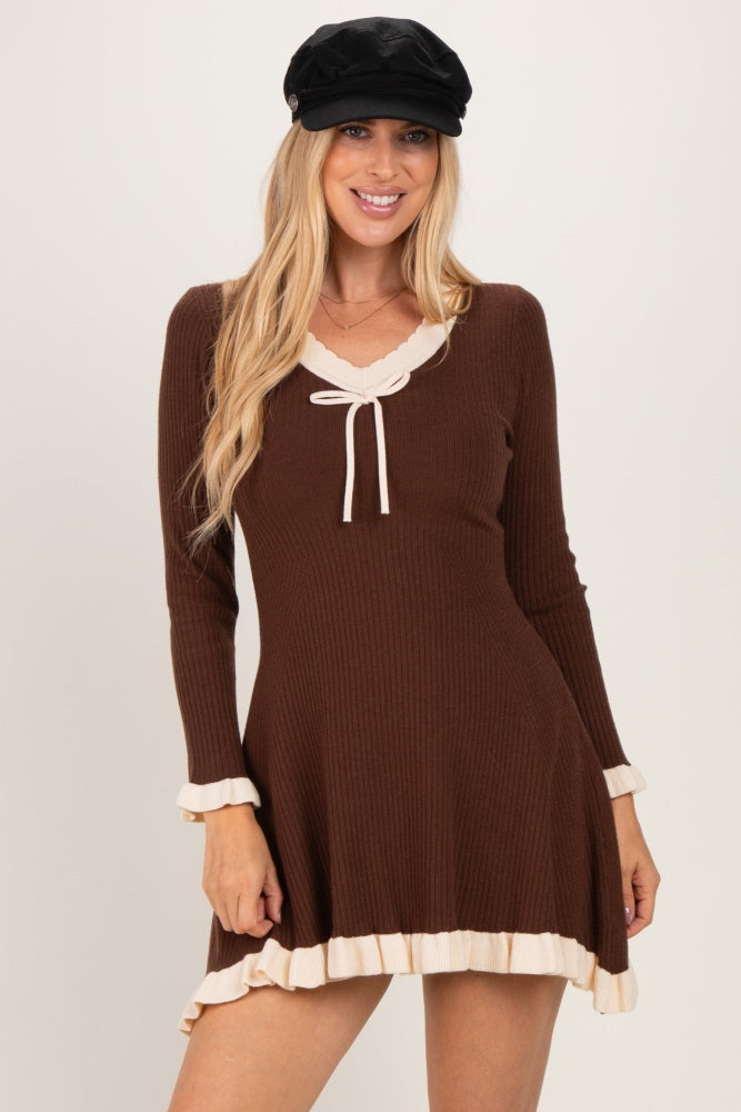 Brown Ribbed Knit Contrast Ruffle Trim Maternity Mini Dress