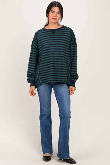 Navy Striped Waffle Knit Oversized Pullover Top