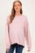 woman wearing a pink and white striped maternity sweatshirt with a relaxed fit and long sleeves, featuring a visible baby bump