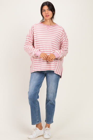 Pink Striped Waffle Knit Oversized Pullover Top