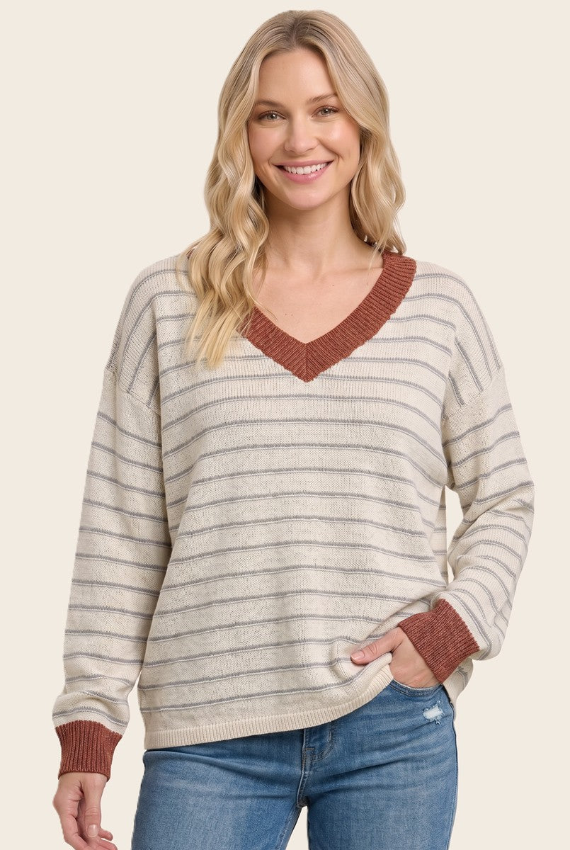 Rust Striped Solid Trim V-Neck Sweater