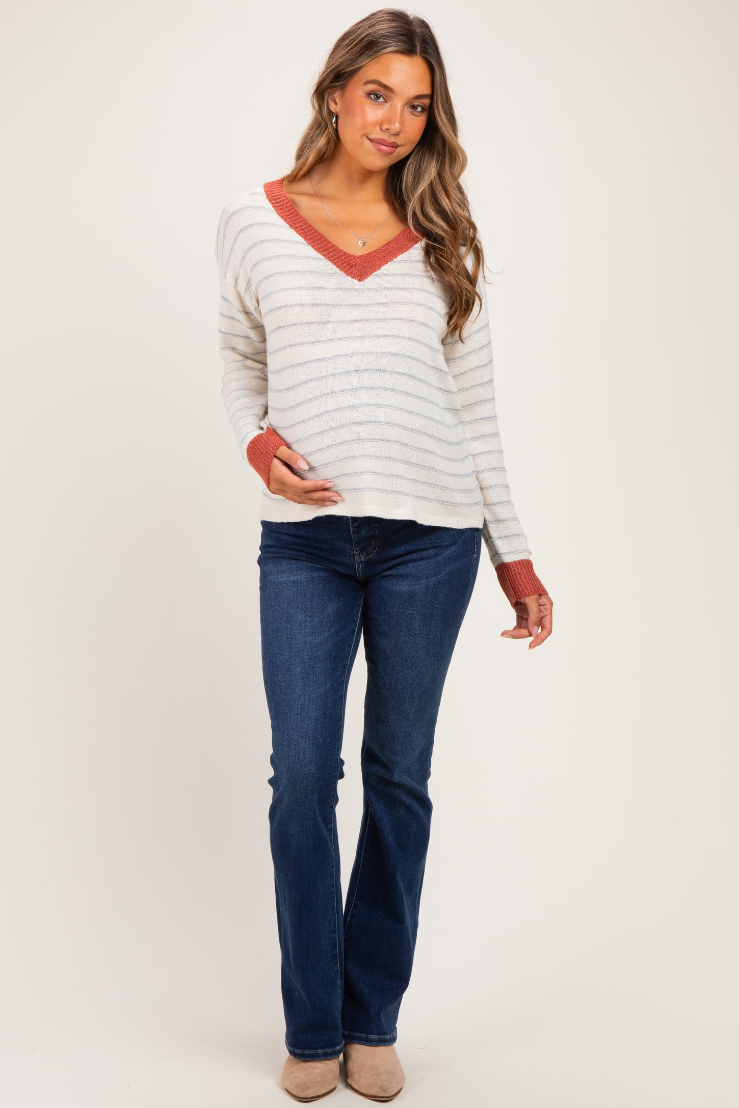 Rust Striped Solid Trim V-Neck Maternity Sweater
