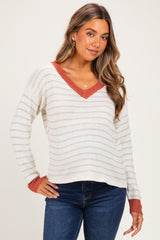 Rust Striped Solid Trim V-Neck Maternity Sweater