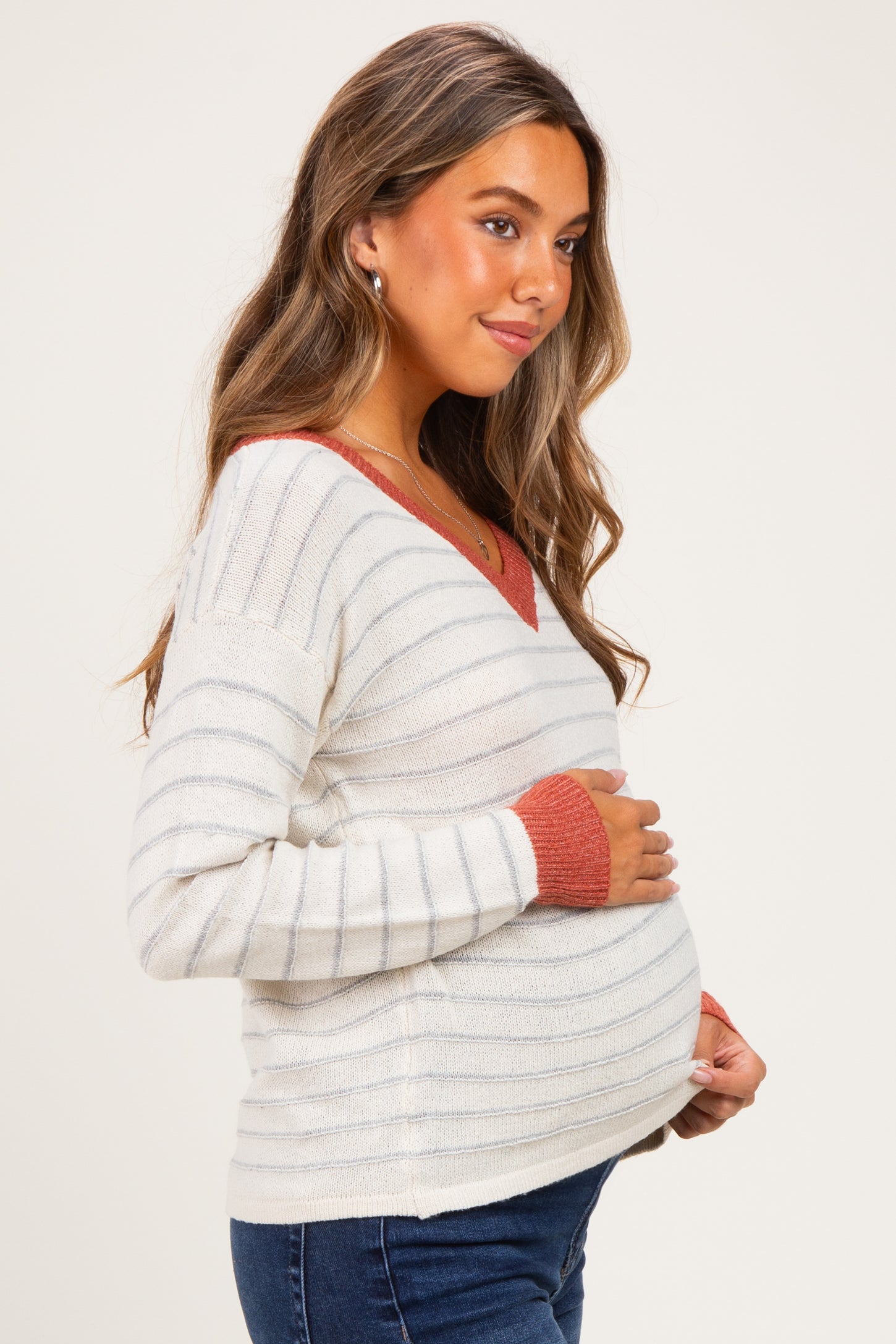 Rust Striped Solid Trim V-Neck Maternity Sweater