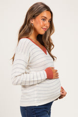 Rust Striped Solid Trim V-Neck Maternity Sweater
