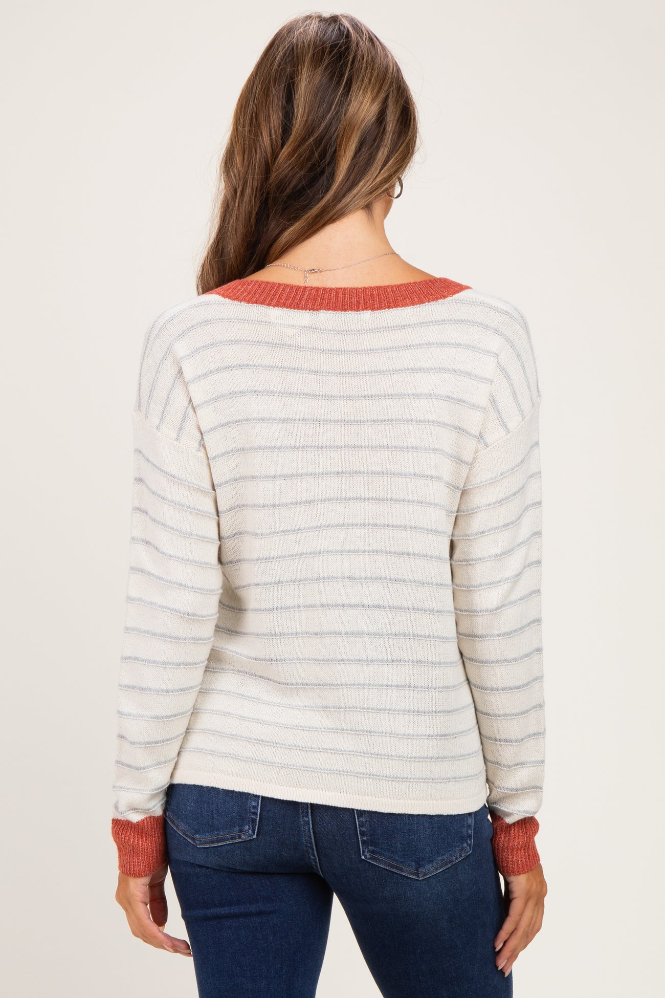 Rust Striped Solid Trim V-Neck Maternity Sweater