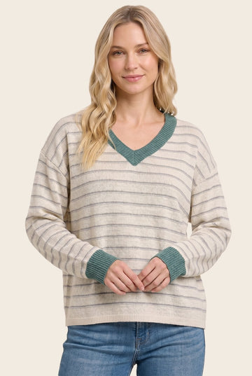 Jade Striped Solid Trim V-Neck Sweater