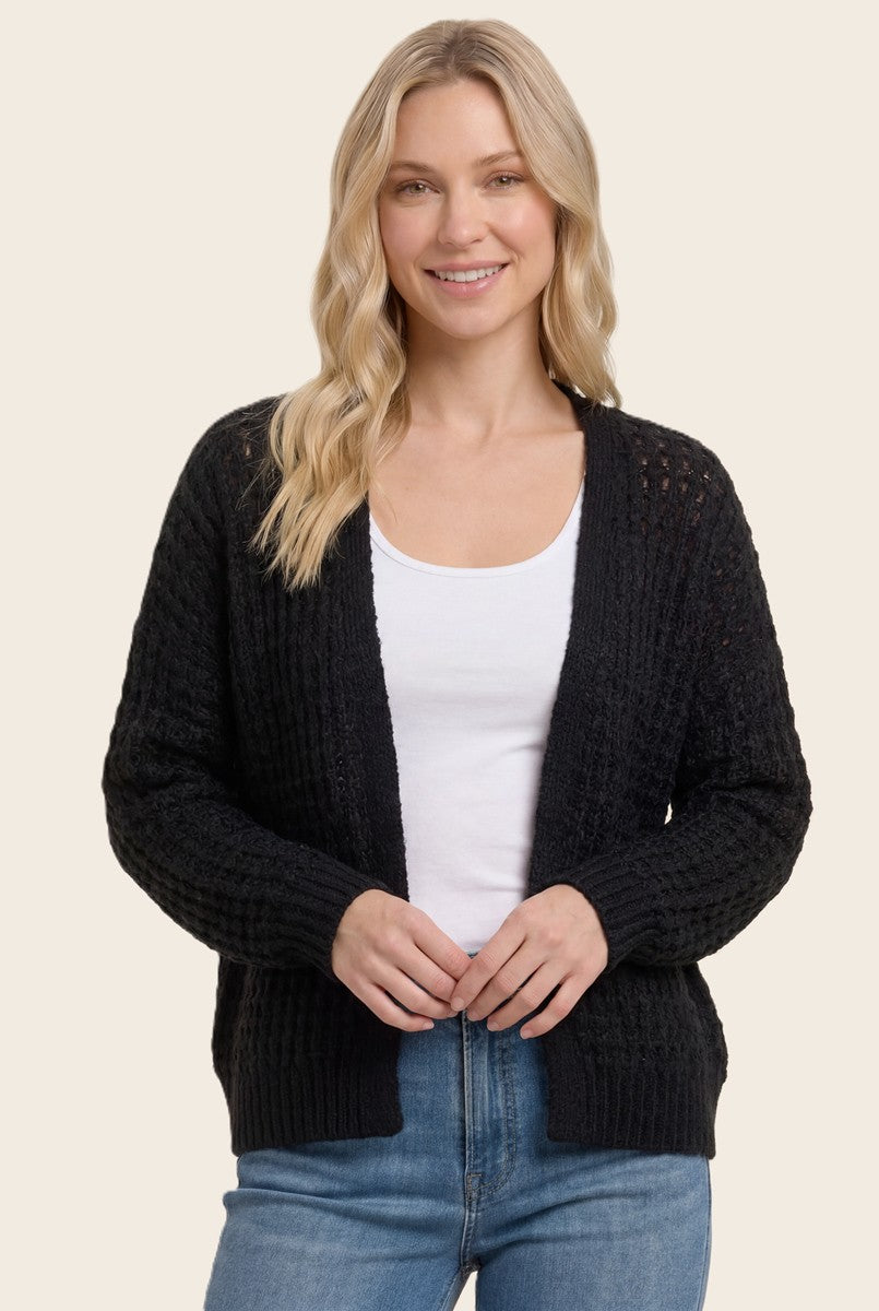 Black Chunky Waffle Knit Open Cardigan