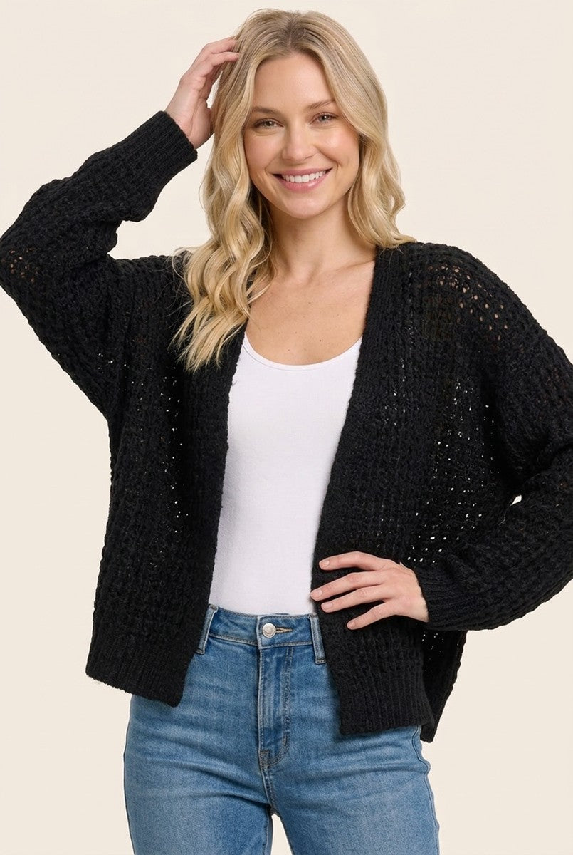 Black Chunky Waffle Knit Open Cardigan