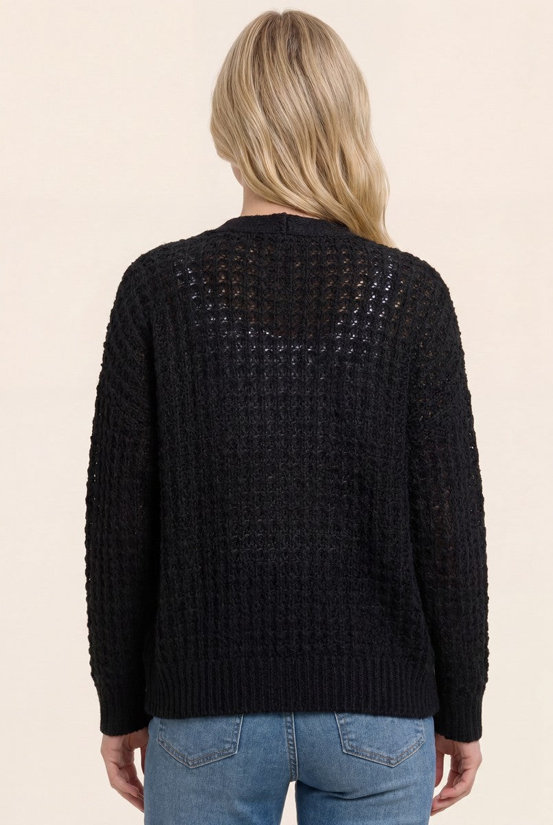 Black Chunky Waffle Knit Open Cardigan