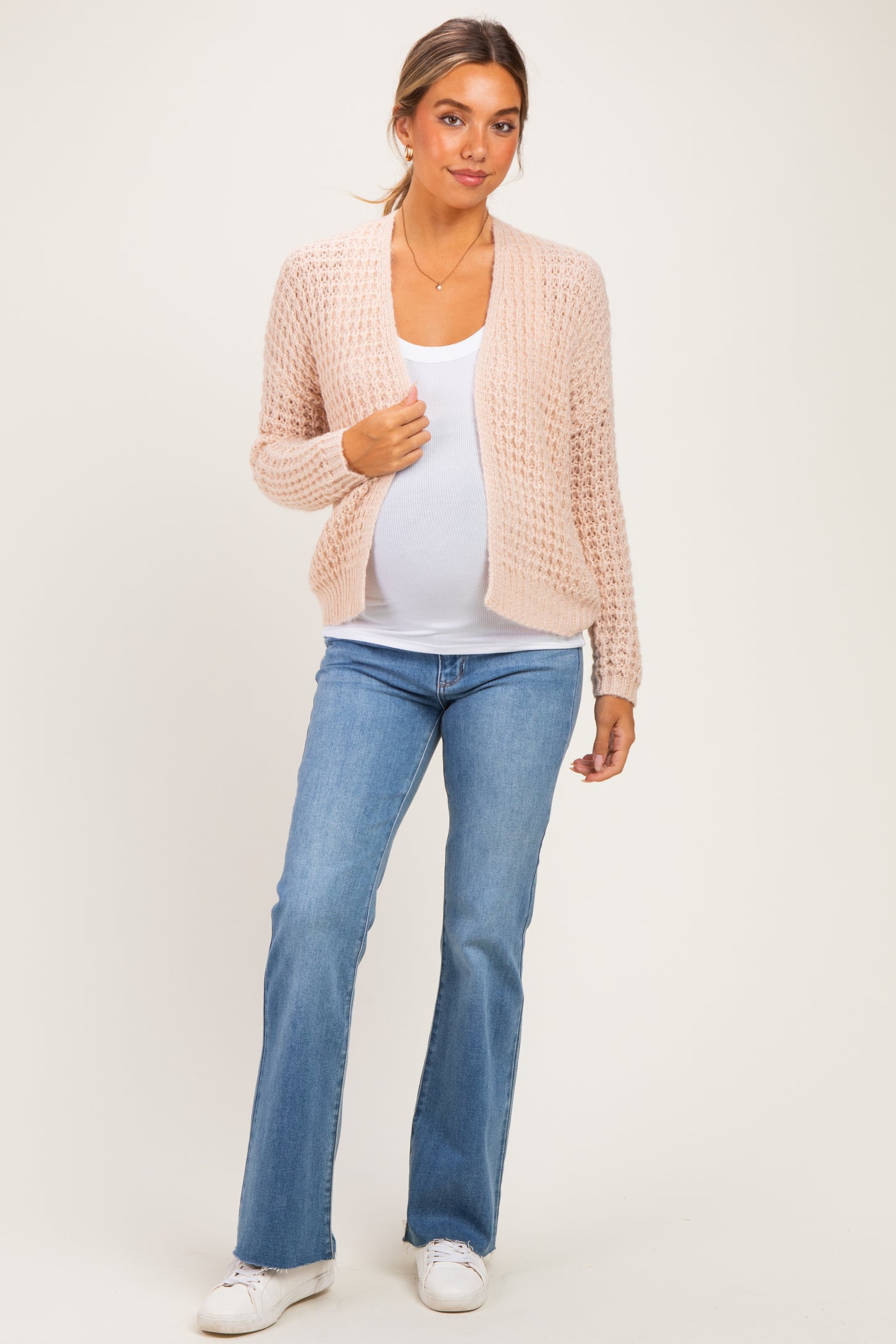 Oatmeal Chunky Waffle Knit Maternity Open Cardigan