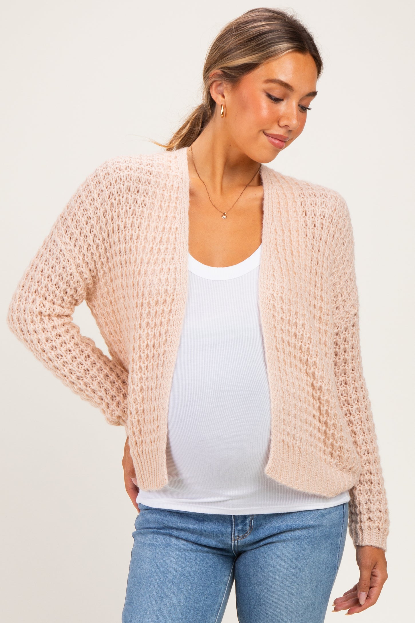 Oatmeal Chunky Waffle Knit Maternity Open Cardigan