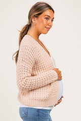 Oatmeal Chunky Waffle Knit Maternity Open Cardigan