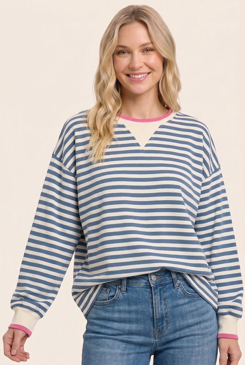 Denim Blue Relaxed Fit Striped Maternity Pullover