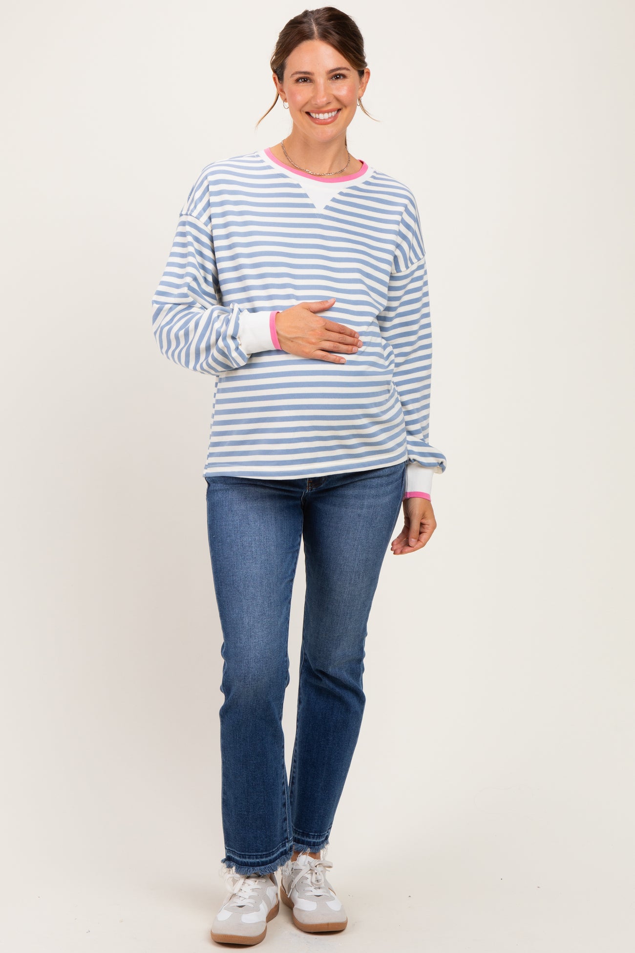 Denim Blue Relaxed Fit Striped Maternity Pullover