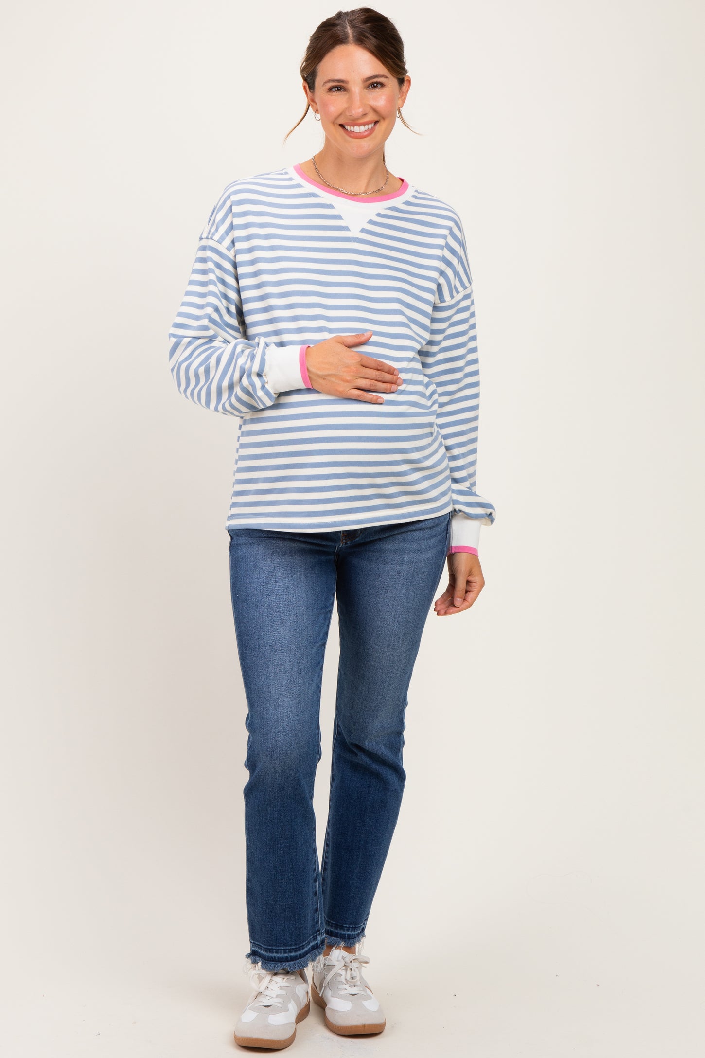 Denim Blue Relaxed Fit Striped Maternity Pullover