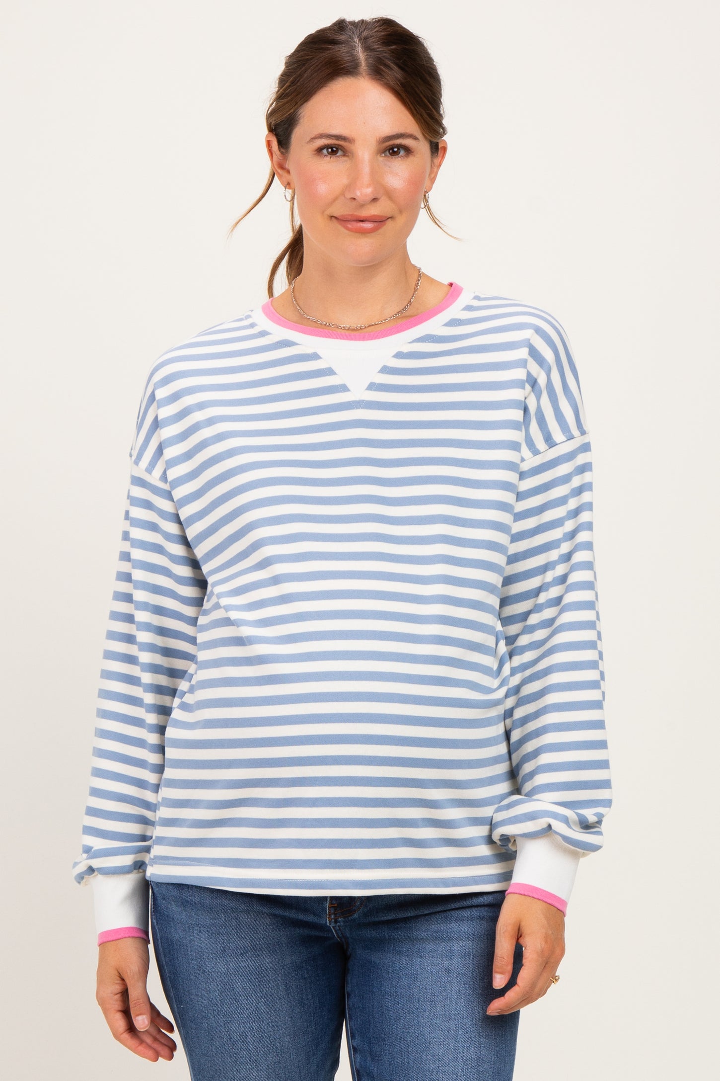 Denim Blue Relaxed Fit Striped Maternity Pullover