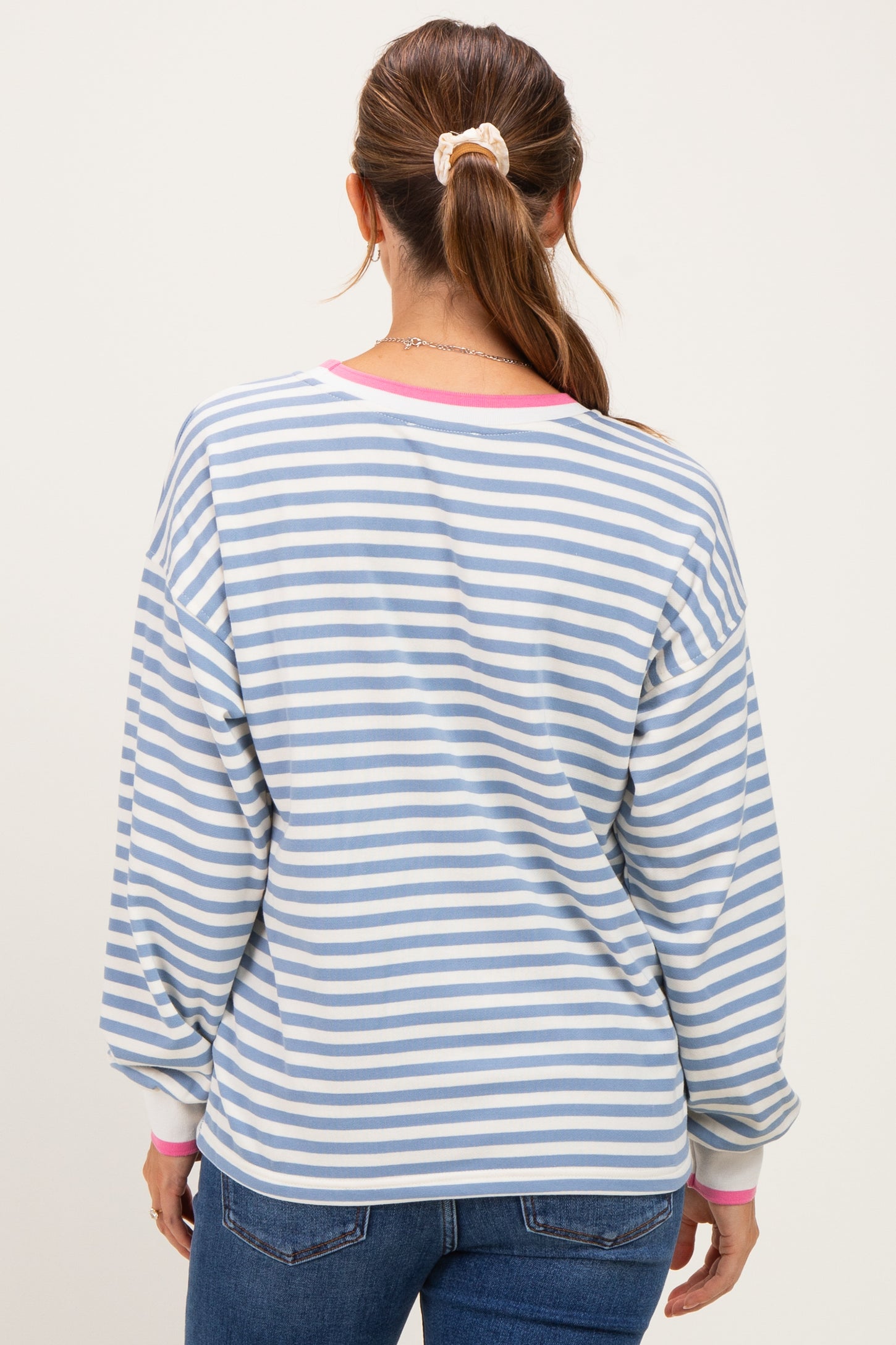 Denim Blue Relaxed Fit Striped Maternity Pullover
