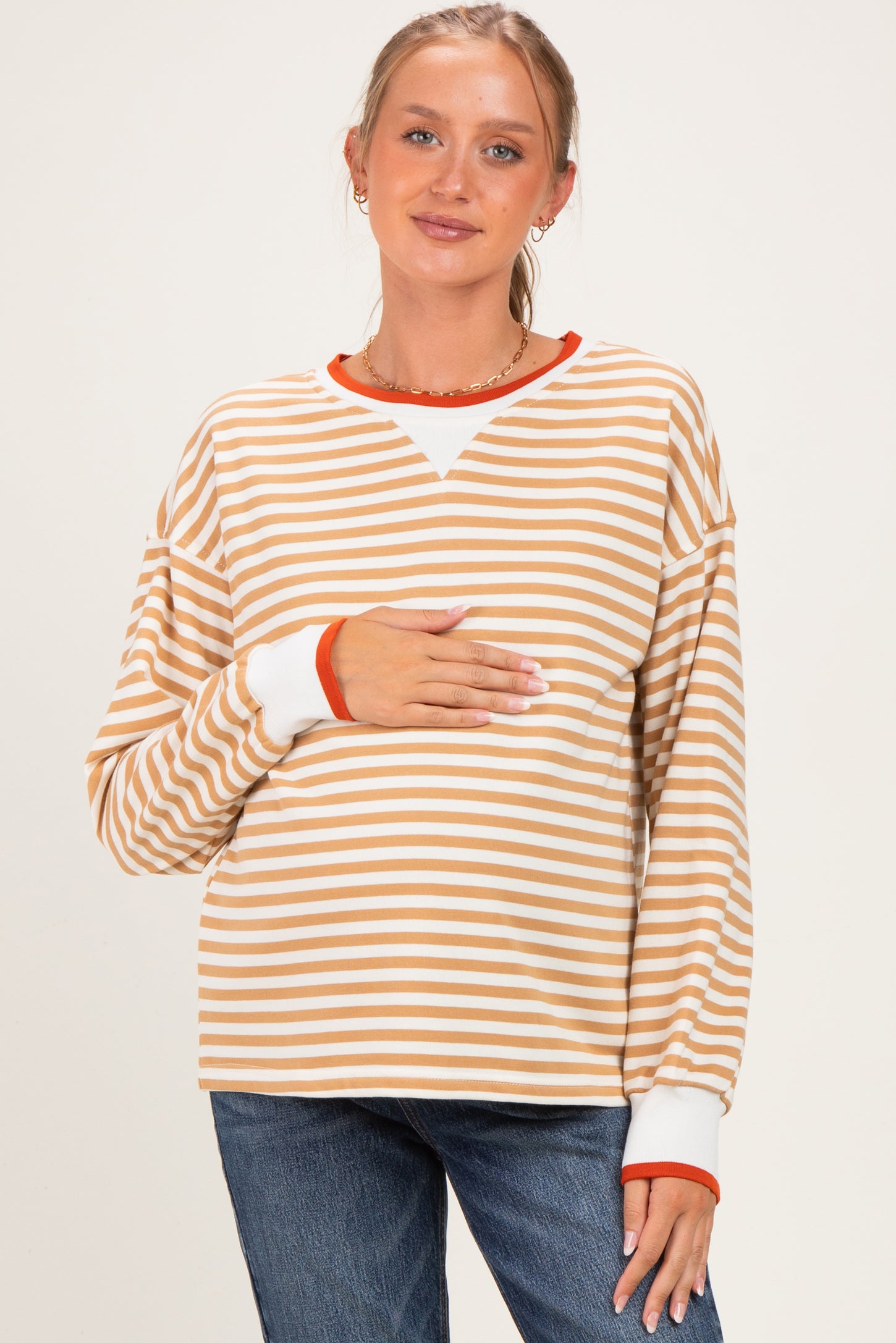 Camel Relaxed Fit Striped Maternity Pullover