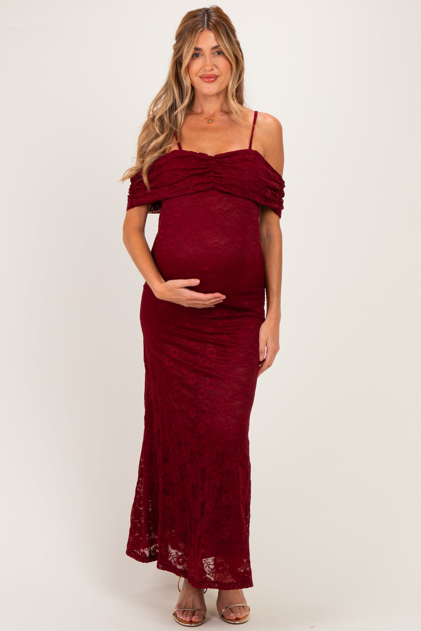 Burgundy Lace Off Shoulder Maternity Maxi Dress