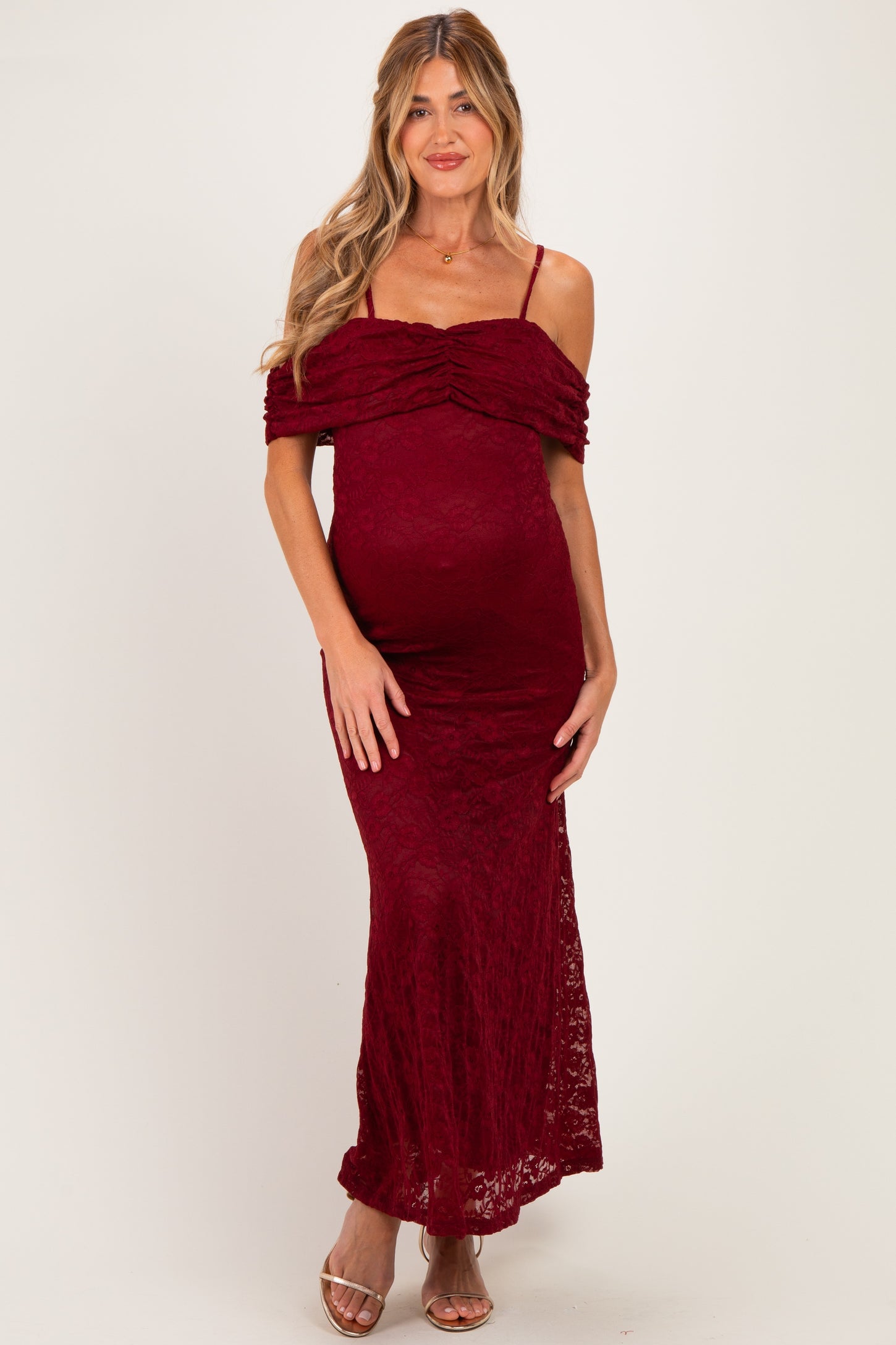 Burgundy Lace Off Shoulder Maternity Maxi Dress