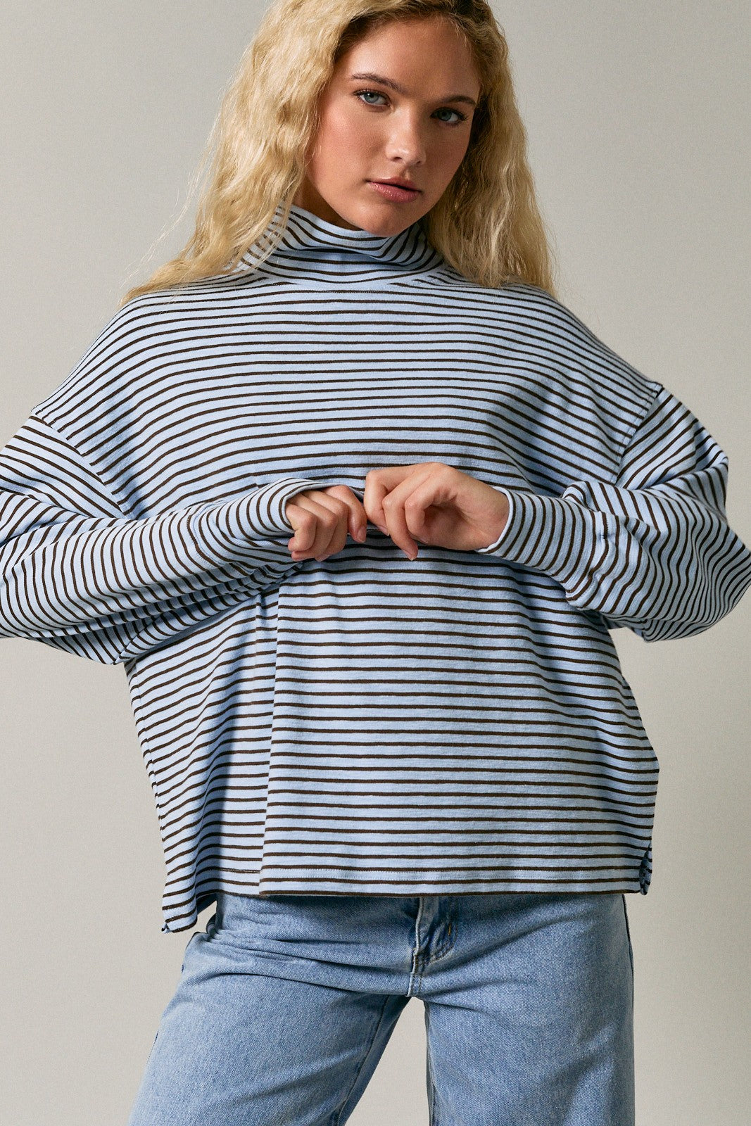Light Blue Striped Mock Neck Oversized Top