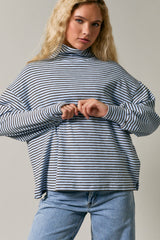 Light Blue Striped Mock Neck Oversized Top