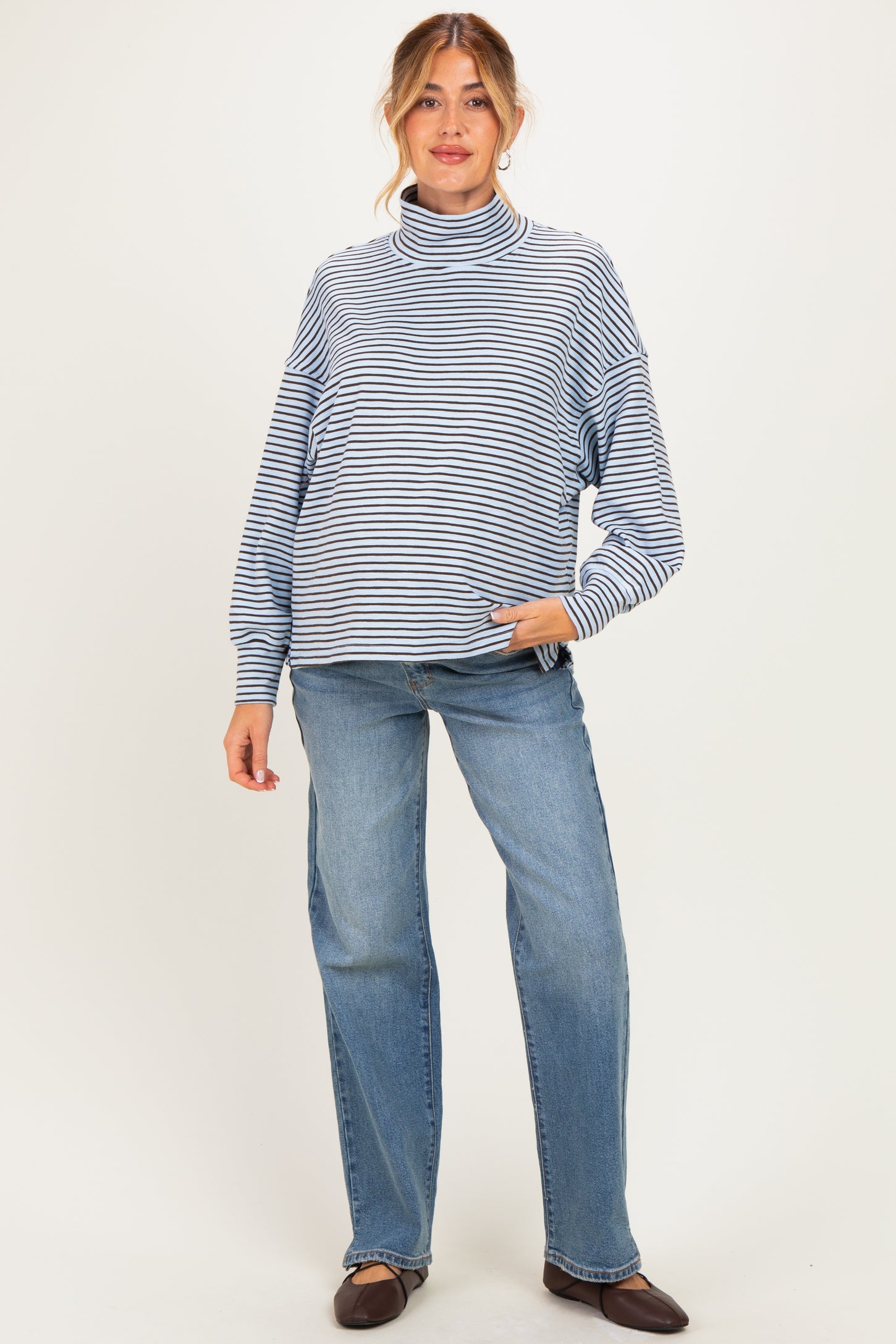 Light Blue Striped Mock Neck Oversized Maternity Top